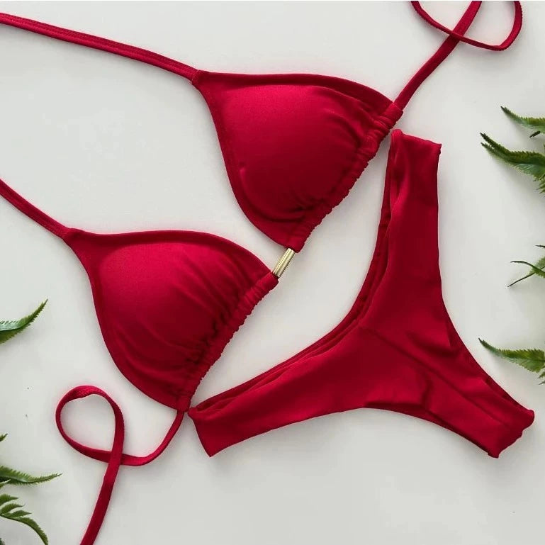 Biquíni Cortininha Asa Delta Fio Duplo Bojo vermelho